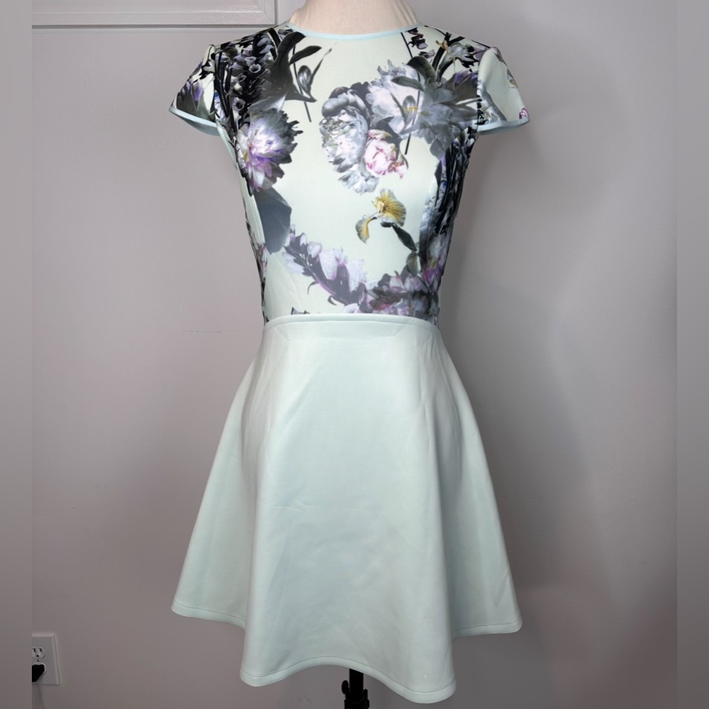Y2K Ted Baker Mint Grn Floral Skater A-Line Fit Flare Cap Sleeve Zip Dress Sz 1